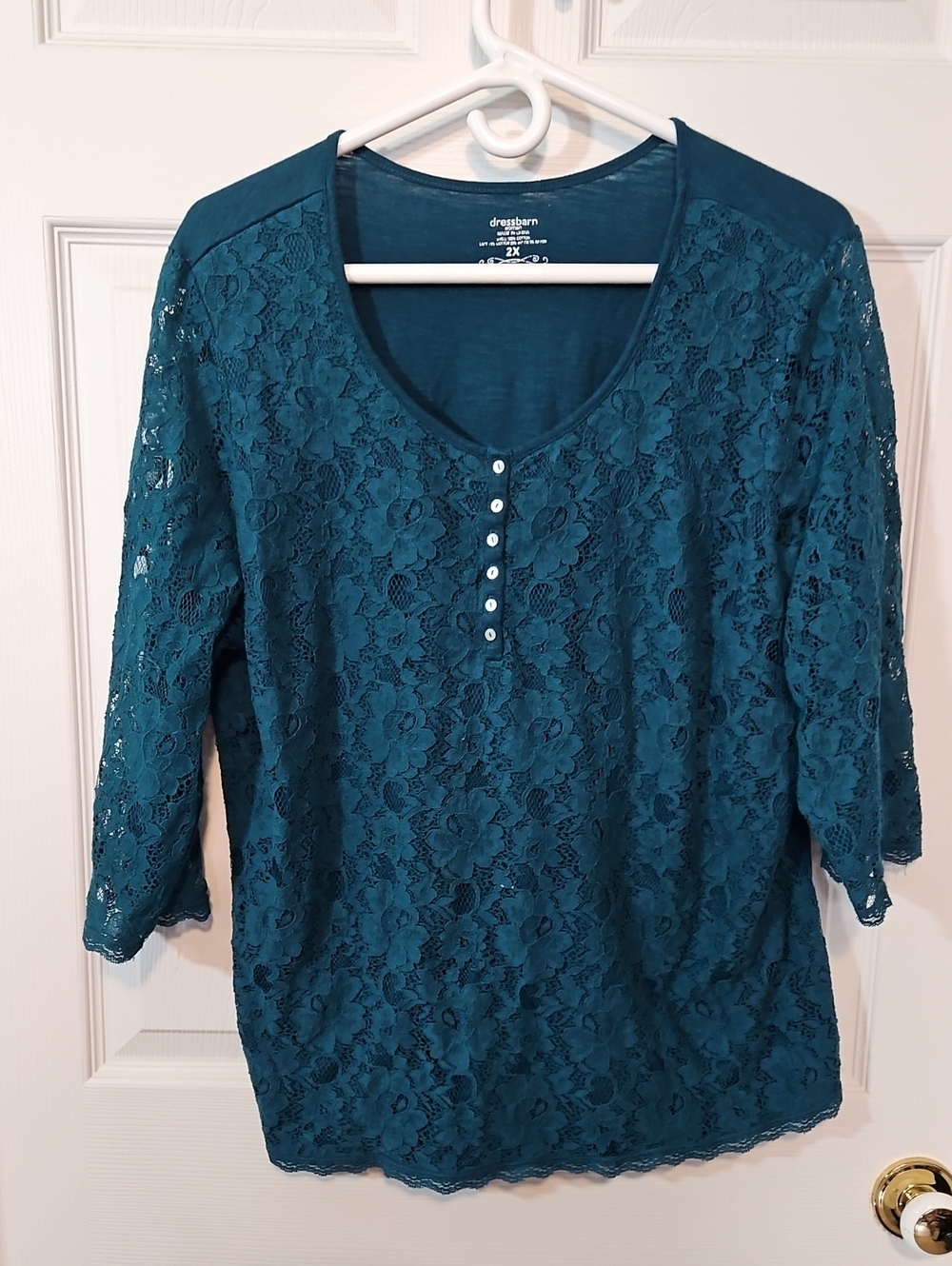 Dress Barn Teal Lace Henley 3/4 Sleeve Top